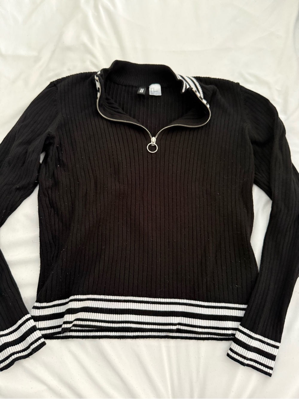 Divided Black Ribbed Half-Zip Turtleneck with White Stripe Trim